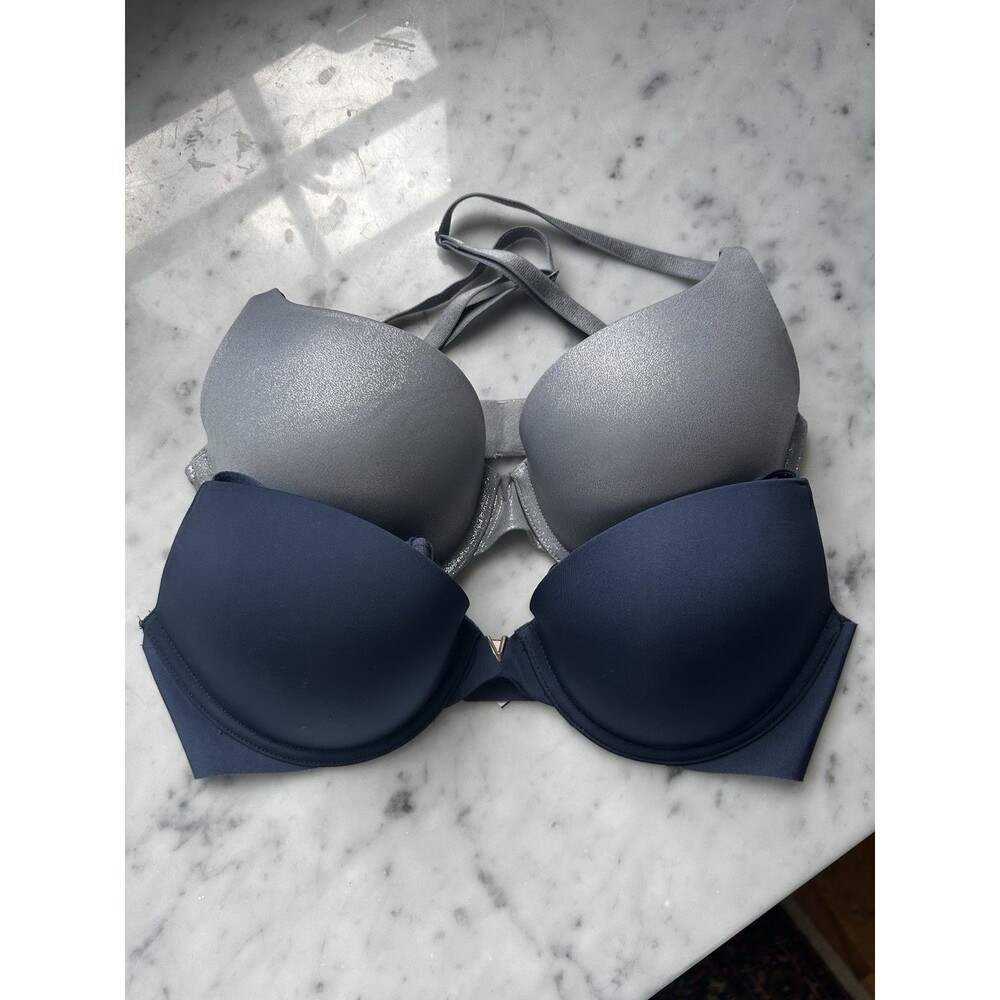 Victorias Secret Uplift Semi-Demi Shimmer AND Love Cloud Demi Navy Bras 32D NWOT